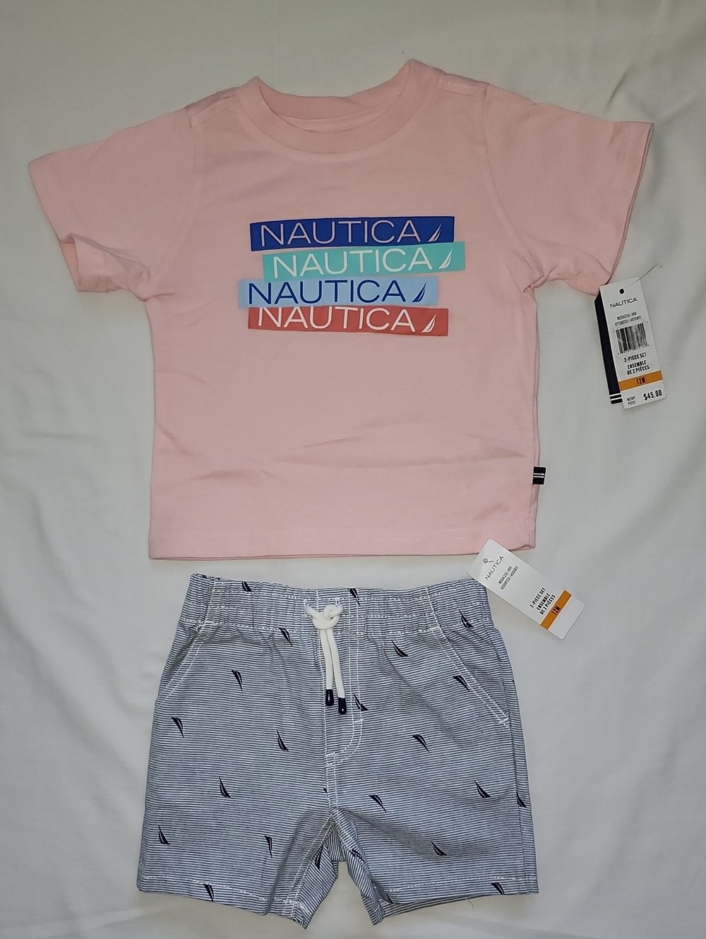 Nautica Boys 2-Piece Short Set Pink Multi-Logo Tee & Striped Shorts NWT